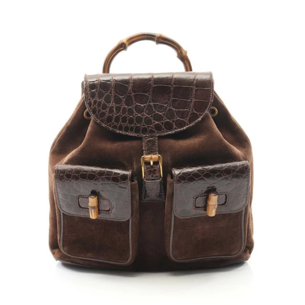 Gucci Bamboo Backpack Rucksack Daybag Suede Exotic Leather Brown